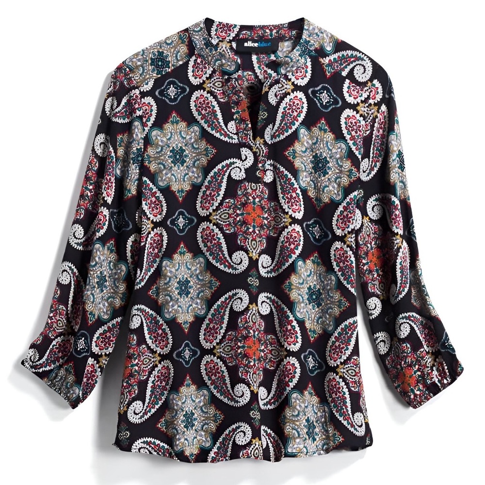 Alice Blue Black Multicolor Paisley Floral Print Split Neck Long Sleeve Blouse